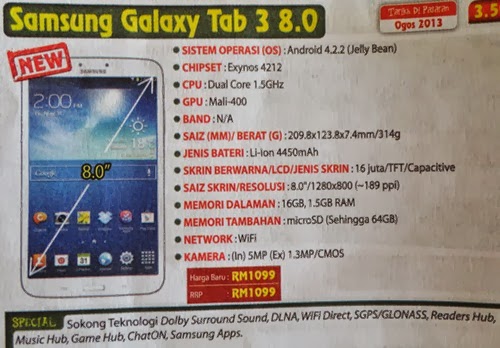 spesifikasi Samsung Galaxy Tab 3 8.0, Samsung Galaxy Tab 3 8 inci, Samsung Galaxy Tab 3