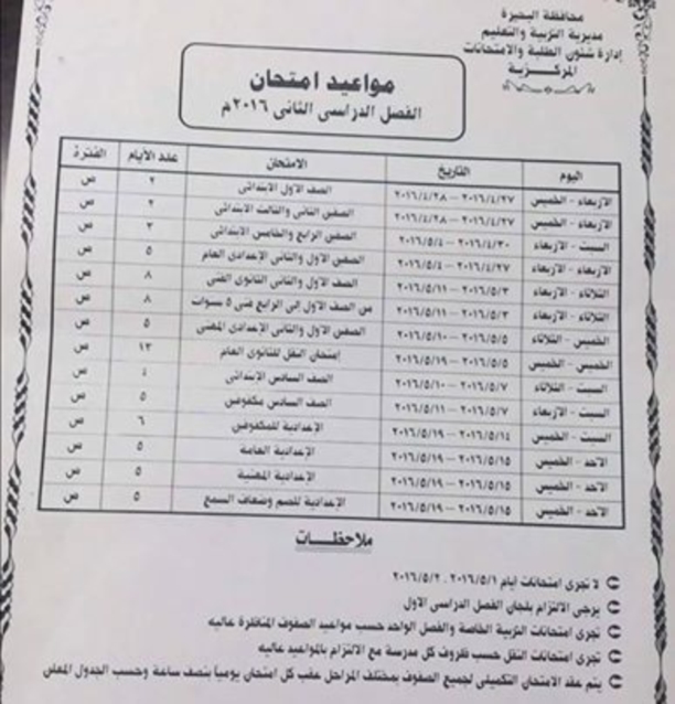 محافظة البحيرة: مواعيد امتحانات اخر العام 2016 ابتدائي واعدادى وثانوي 8977