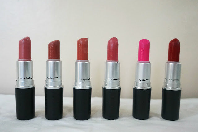 MAC Lipstick in Angel, Velvet Teddy, Kinda Sexy, Please Me, Candy Yum-Yum, and Ruby Woo