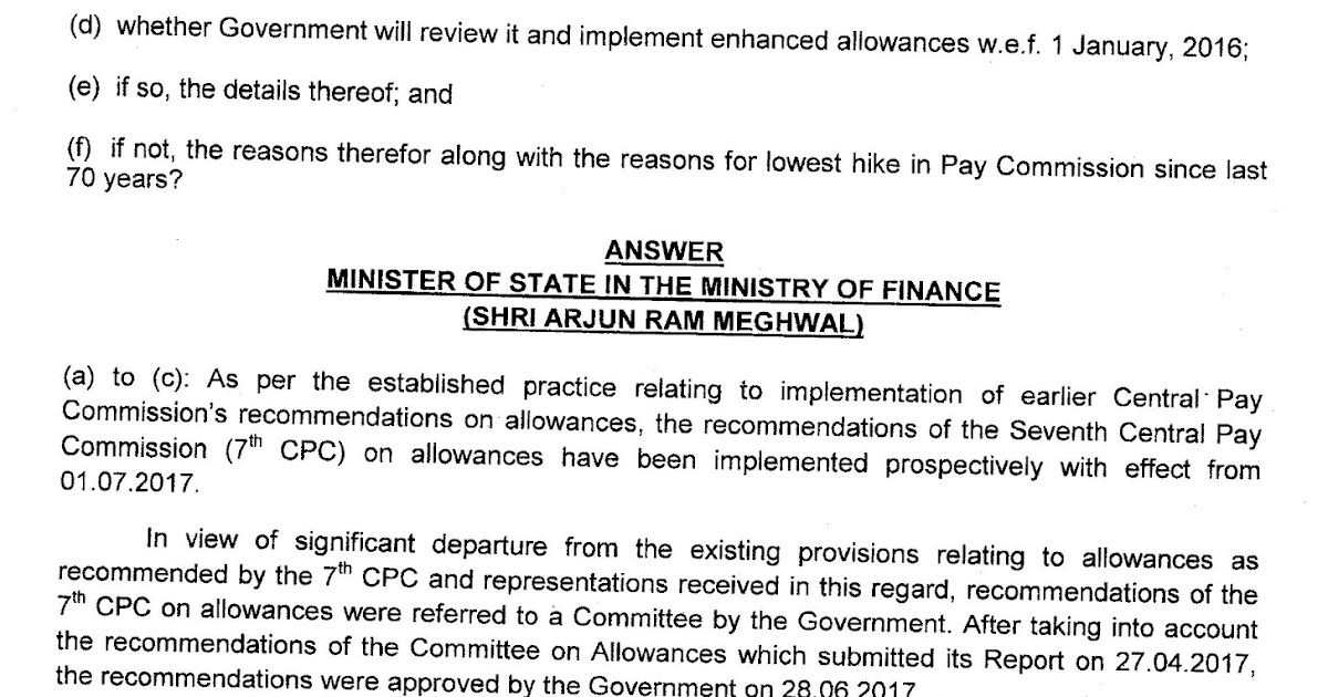 7th CPC Allowances Reason For Implementation From 01st July 2017