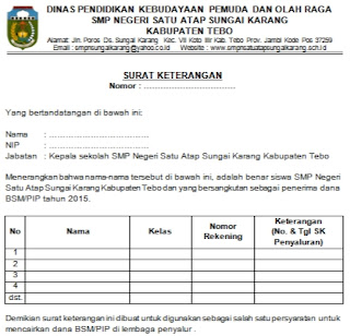 Contoh Surat Laporan Pencairan Kolektif Dana BSM / PIP Oleh Kepala Sekolah  - Dadang JSN