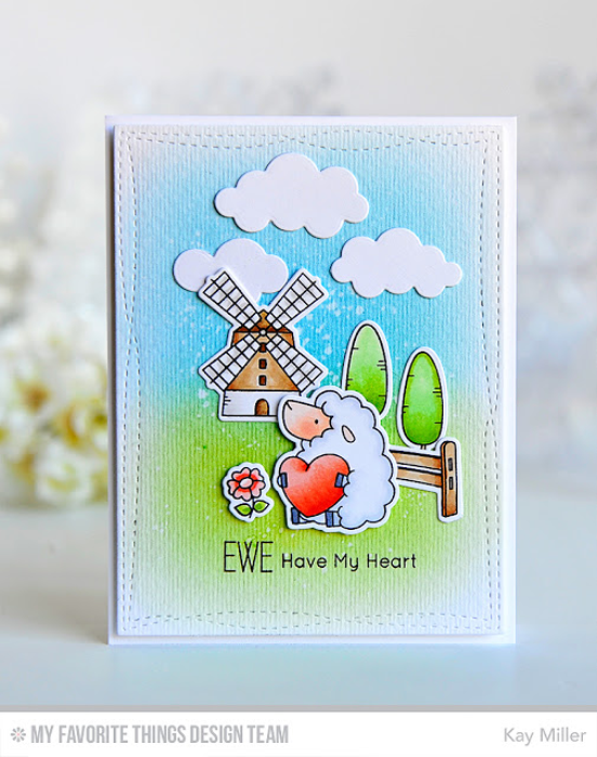 Ewe Have My Heart Card by Kay Miller featuring the Birdie Brown Ewe Are the Best stamp set and Die-namics, and the Puffy Clouds and Wonky Stitched Rectangle STAX Die-namics #mftstamps