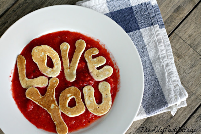 A close up of food on a plate, with Valentine Pancakes