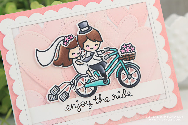 Wedding Card by Juliana Michaels featuring Lawn Fawn Bicycle Built For Two Stamp Set, Watercolor Petite Paper Pack and Stitched Hearts Stackables Die Set