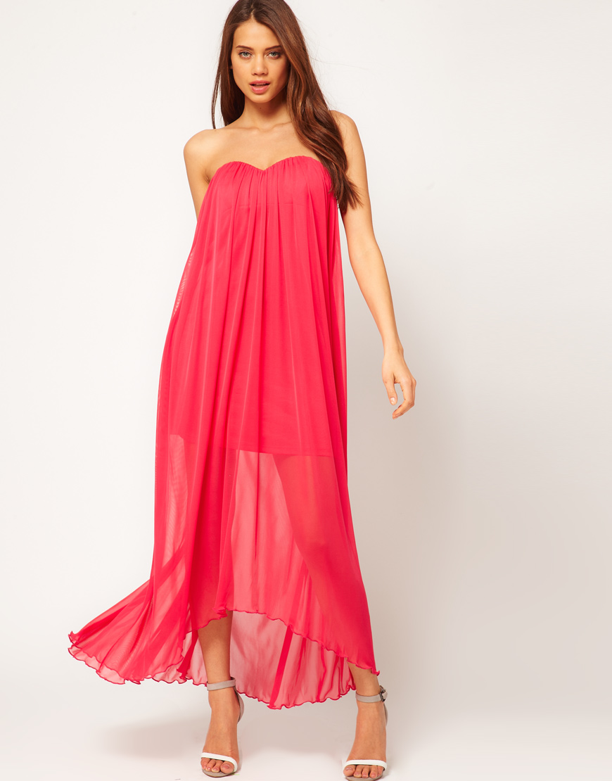 Strapless Hooded Bow Mesh Maxi Dress