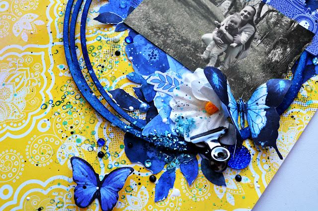Scraps of Darkness scrapbook kits: Blue & Yellow mixed media layout w/our April 2017 kit, by Tatiana Yemelyanenko