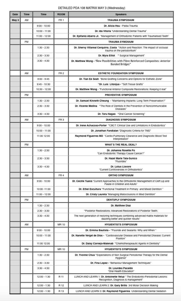 108th PDA Convention Schedule Matrix Pinoydental
