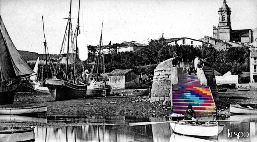 fotografia antigua del puerto de hondarribia con pescadores