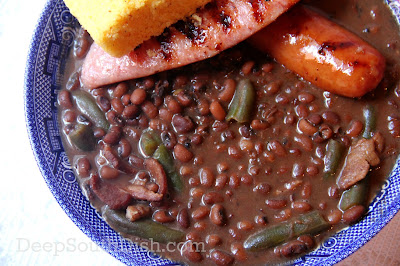 Southern Field Peas and Snaps - Field peas cooked with green beans and served here with grilled smoked andouille sausage and cornbread.