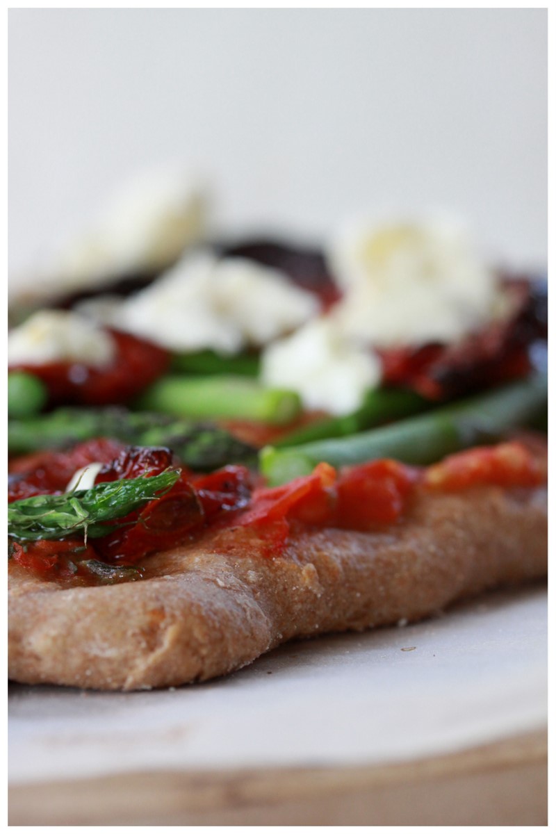 Asparagus, Sundried Tomato and Goats Cheese Pizza on Spelt