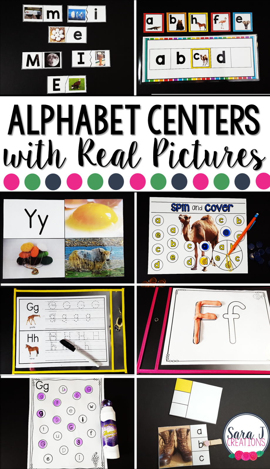 Alphabet centers with real pictures make the perfect printable practice for preschool and kindergarten. #alphabet #sarajcreations #abc #printables #centers