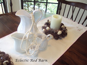 Eclectic Red Barn: White ironstone vases with perals and brown Easter candle holder