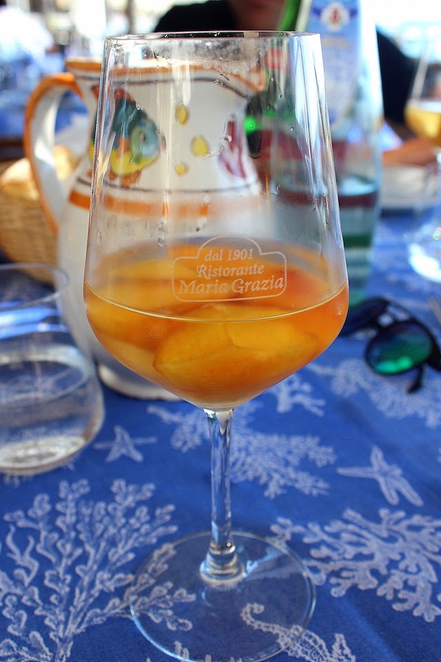 Wine with peaches at Maria Grazia restaurant in Nerano