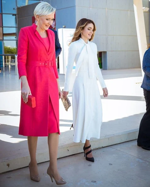 Queen Rania meets,  First Lady Agata Kornhauser style wore gianvito rossi shoes, Prada dress, diamond earrings, J.Crew closet