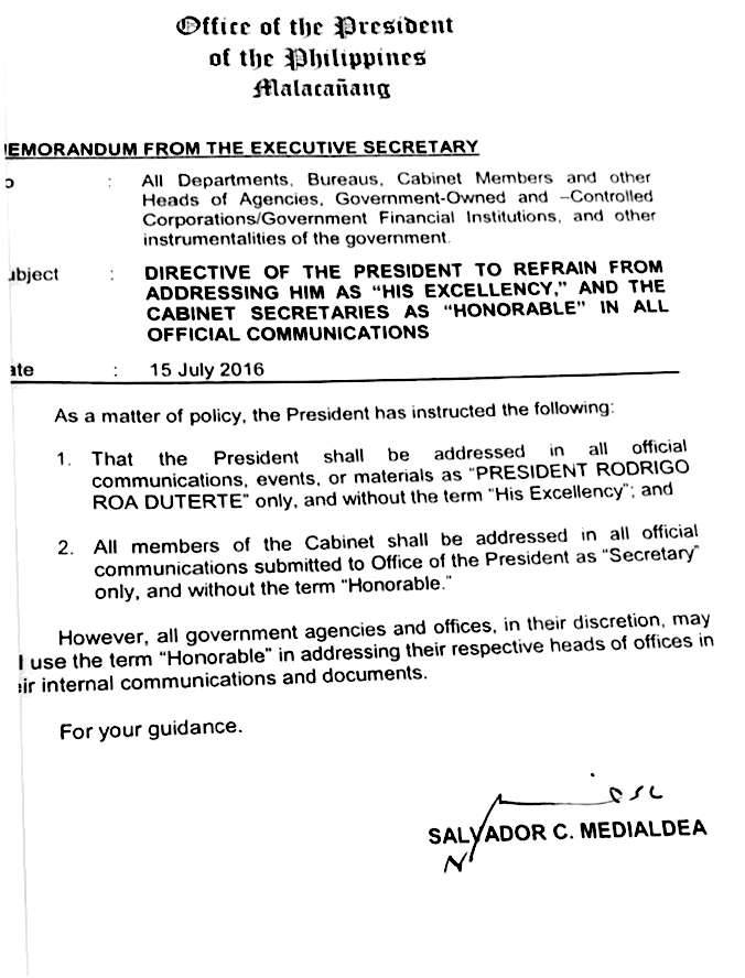 LOOK: Duterte issues memo to drop “His Excellency”