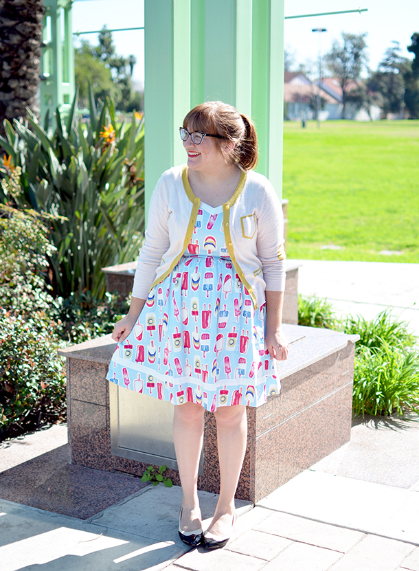 Modcloth popsicle print dress and thrifted cardigan