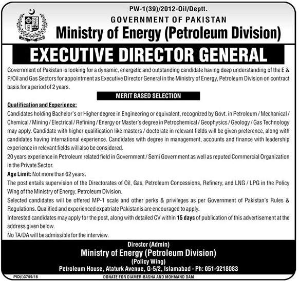 Latest Ministry Of Energy Petroleum Division Govt Of Pakistan Jobs 2019  Executive Director General Required