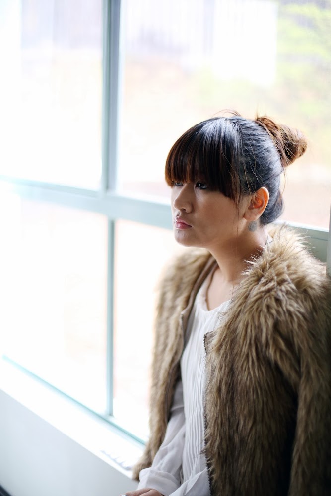 Nasty Gal Faux Fur Coat Brunette Hair Bun Lucy and The Runaways