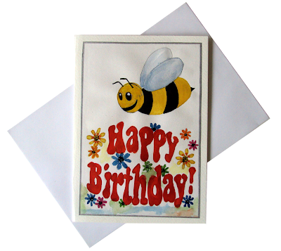 bee,flowers,happy,birthday,greetingcard,forkids,cartoon,illustration,painted,handmade