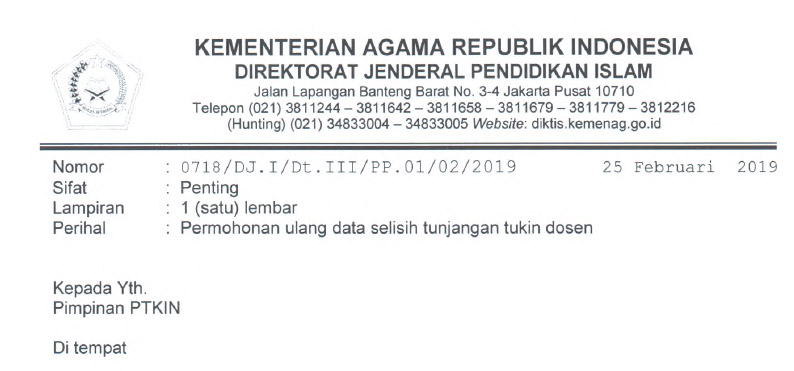 Info Kemenag perihal Surat Permohonan Ulang Data Selisih Tunjangan Tukin Dosen Tahun Surat Permohonan Ulang Data Selisih Tunjangan Tukin Dosen Tahun 2019