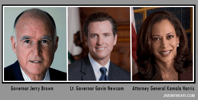 California Governor Jerry Brown, Lt. Governor Gavin Newsom, Attorney General Kamala Harris.