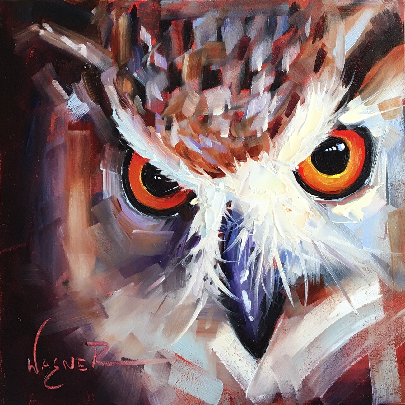 olga paints original contemporary owl painting on panel in oils by