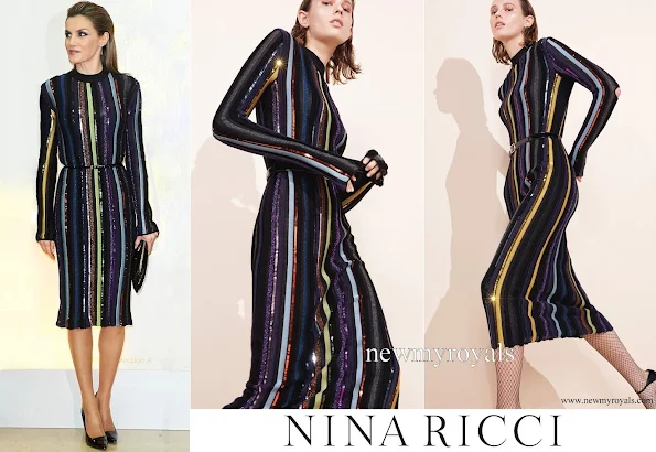 Queen Letizia wore Nina Ricci Multicolor stripes knit with sequins long sleeves dress