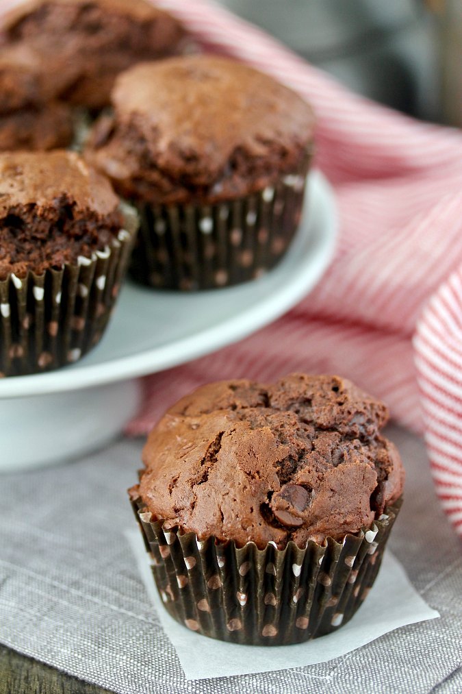 Triple Chocolate Muffins in a basket with one muffin Triple Chocolate Muffins in a basket with one muffin