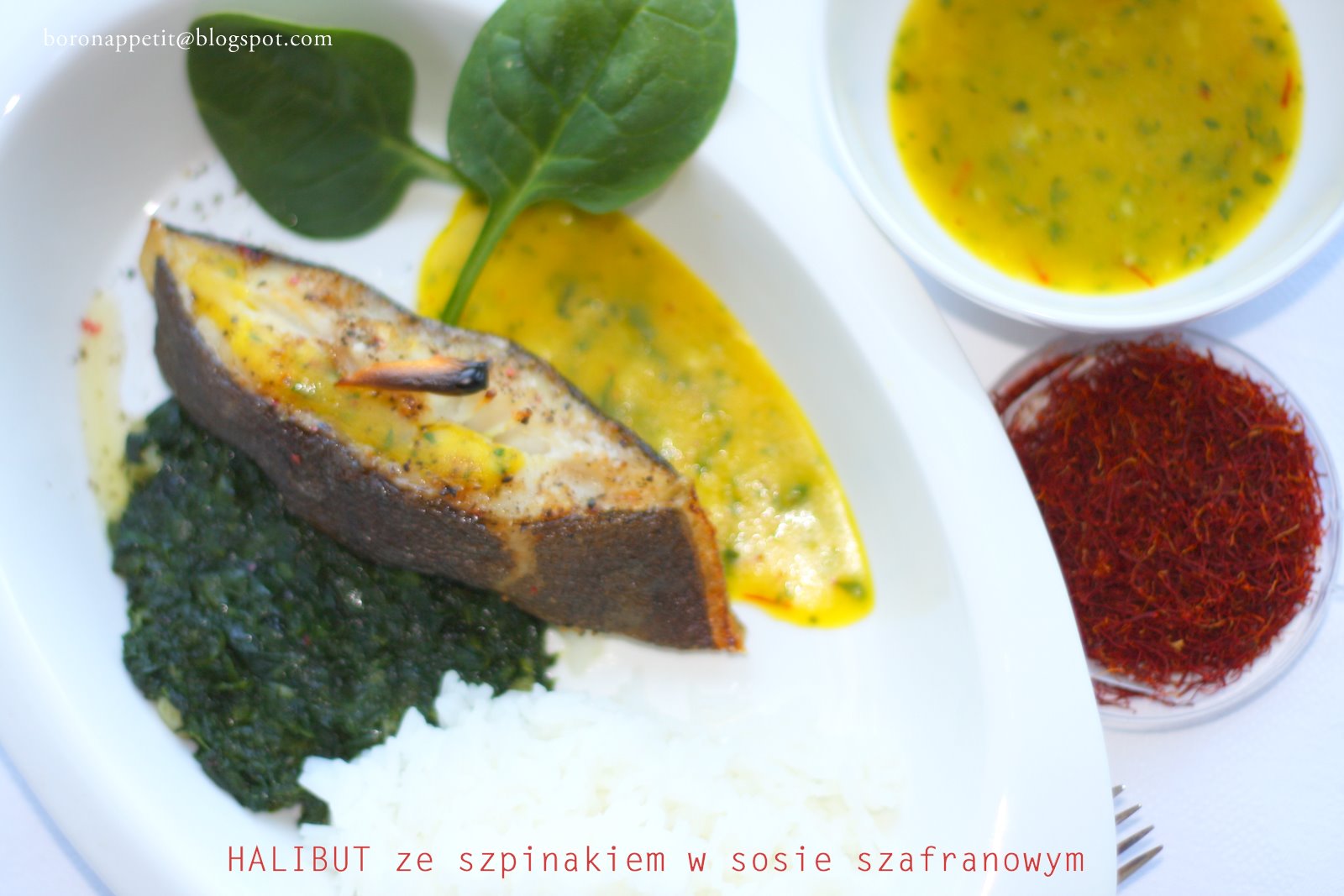 Blog Bo(ro)n Appétit Halibut ze szpinakiem w sosie szafranowym
