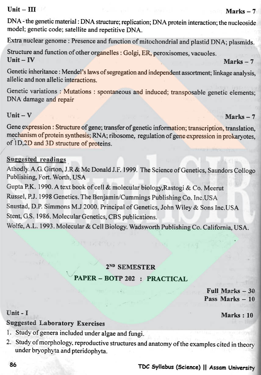 Botany (pass) course syllabus 2nd semester of Assam University Silchar