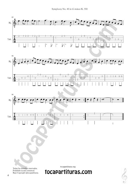 Hoja 4 Banjo Tablatura y Partitura de Sinfonía Nº 40 Punteo Tablature Sheet Music for Banjo Tabs Music Scores PDF y MIDI aquí