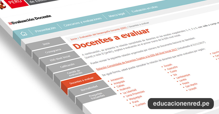 MINEDU: Relación consolidada de docentes a evaluar en las escalas magisteriales 3, 4, 5 y 6 - Evaluación del Desempeño Docente (Actualizada al 21/11/2017) www.minedu.gob.pe MINEDU: Relación consolidada de docentes a evaluar en las escalas magisteriales 3, 4, 5 y 6 - Evaluación del Desempeño Docente (Actualizada al 21/11/2017) www.minedu.gob.pe