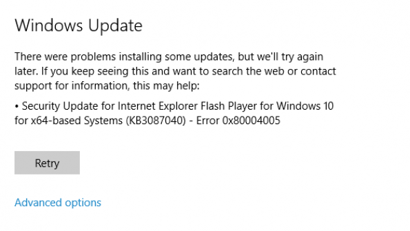 Security Update for Internet Explorer Flash Player for Windows 10 for x64-based Systems (KB3087040) - Error 0x80004005: solutions