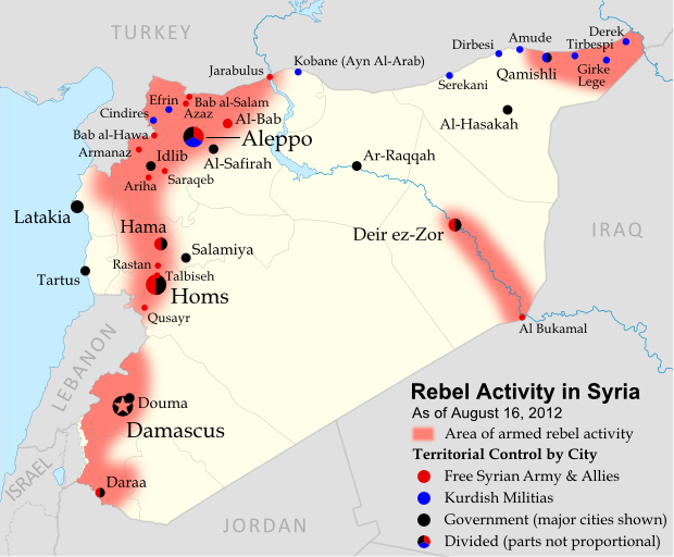 Map of rebel control in Syria's Civil War (Free Syrian Army, Kurdish groups, and others), updated for August 2012