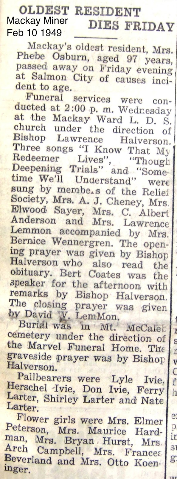 Mackay, Idaho 83251 Remembering Phebe Maria Curtis Larter Osburn