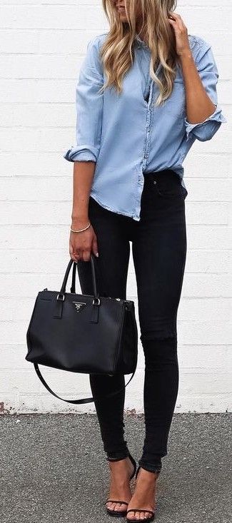 Street style | Chambray shirt, black skinnies and tote bag | Just a ...
