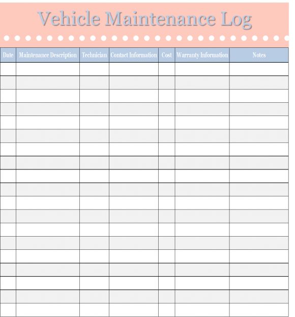 printable vehicle maintenance log template excel template