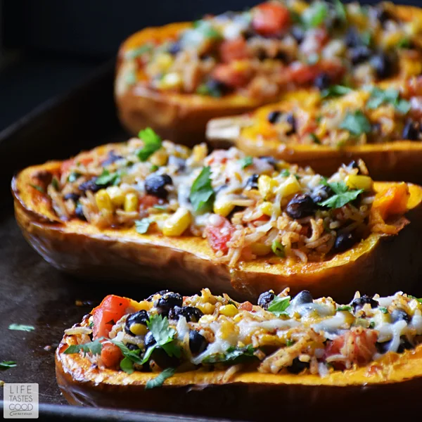Stuffed Butternut Squash | by Life Tastes Good is a meatless meal packed full of fresh flavors inspired by Mexican cuisine. This recipe comes in a handy bowl you can eat too! #LTGrecipes