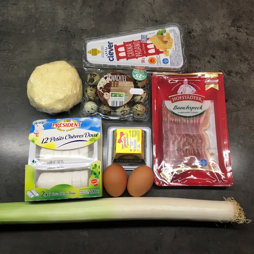 Alles außer Arbeit: Ziegenkäsetarte mit Speck, Lauch und Wachteleiern