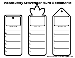 Free Printable Vocab Words Scavenger Hunt Bookmarks - Perfect for Summer Reading!  |  3 Garnets & 2 Sapphires