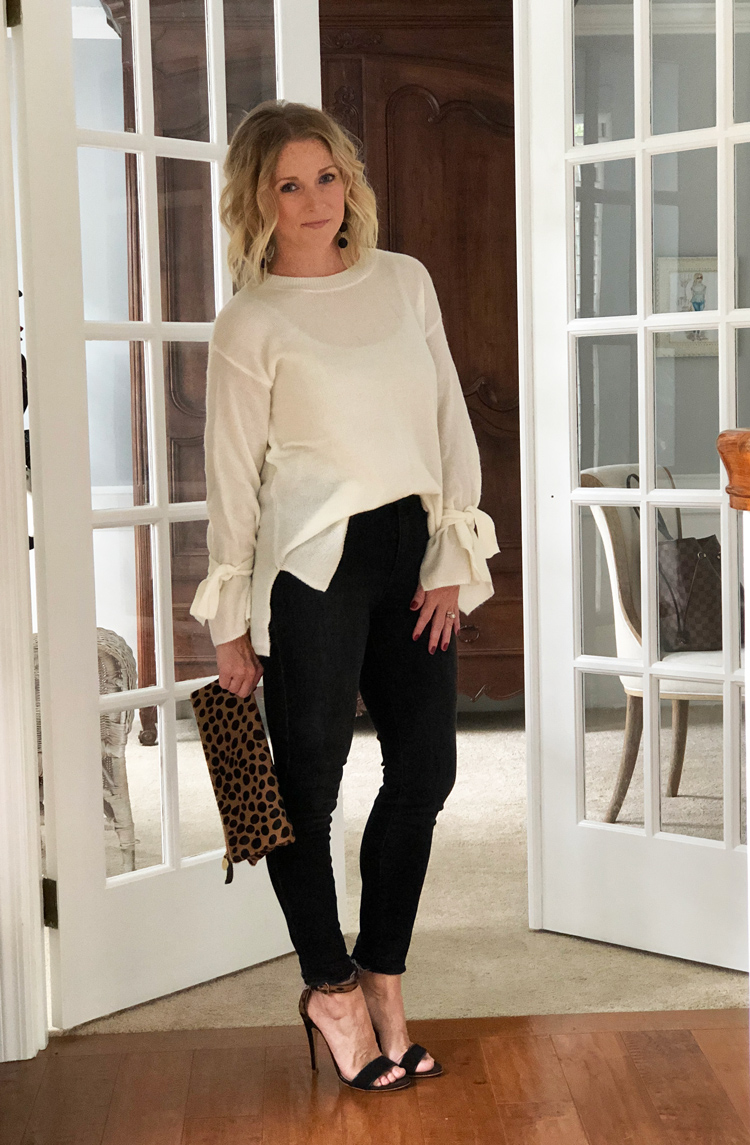 tie bell sleeve sweater with black skinny jeans and leopard print