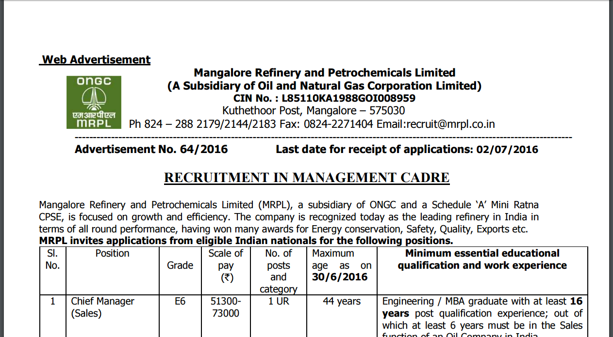 MRPL Recruitment 2016 Apply Manager, Engineer, Medical Officer job