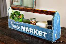 old sign stencils, fusion mineral paint, toolbox, crate, reclaimed wood, pallets, http://bec4-beyondthepicketfence.blogspot.com/2015/04/farmers-market-toolbox.html