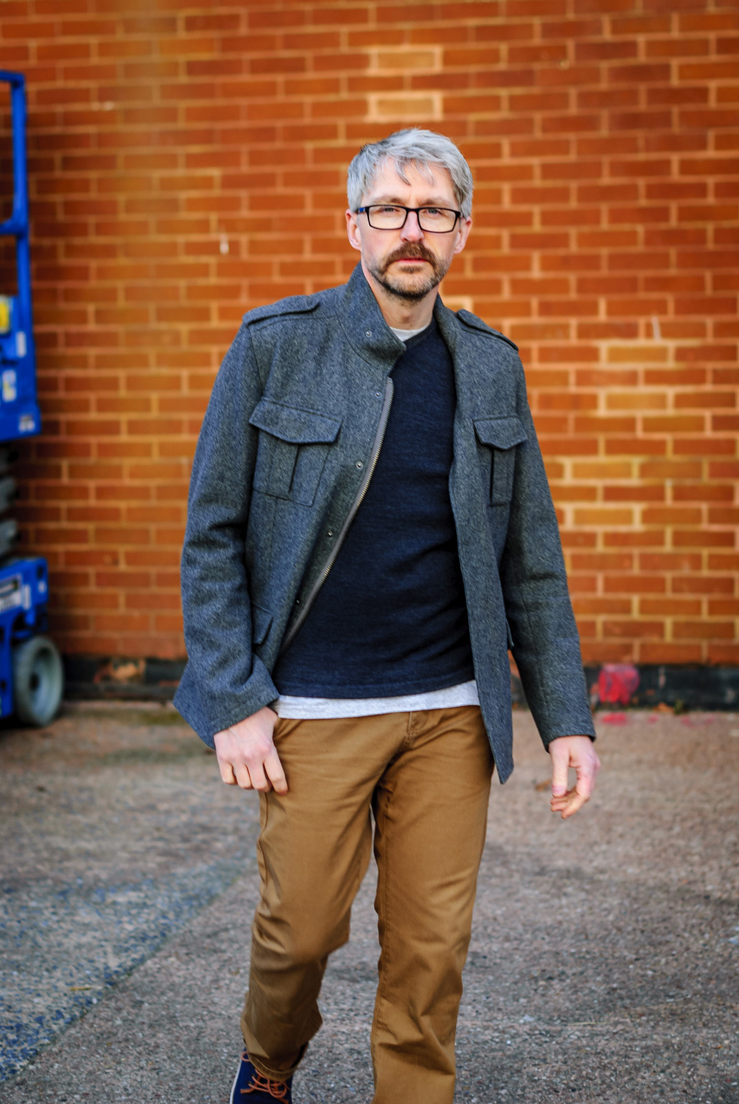 Casual Menswear: V-neck Jumper \ T-shirt \ Chinos \ Grey Jacket \ Canvas Boots \ Silver Londoner, over 40 style