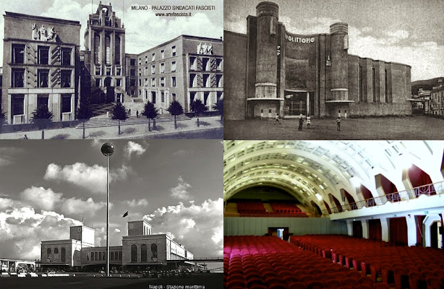 In senso orario/Clockwise - Milano: Palazzo Sindacati Fascisti; Salerno:Stadio Littorio, Teatro Augusteo; Napoli: Stazione Marittima