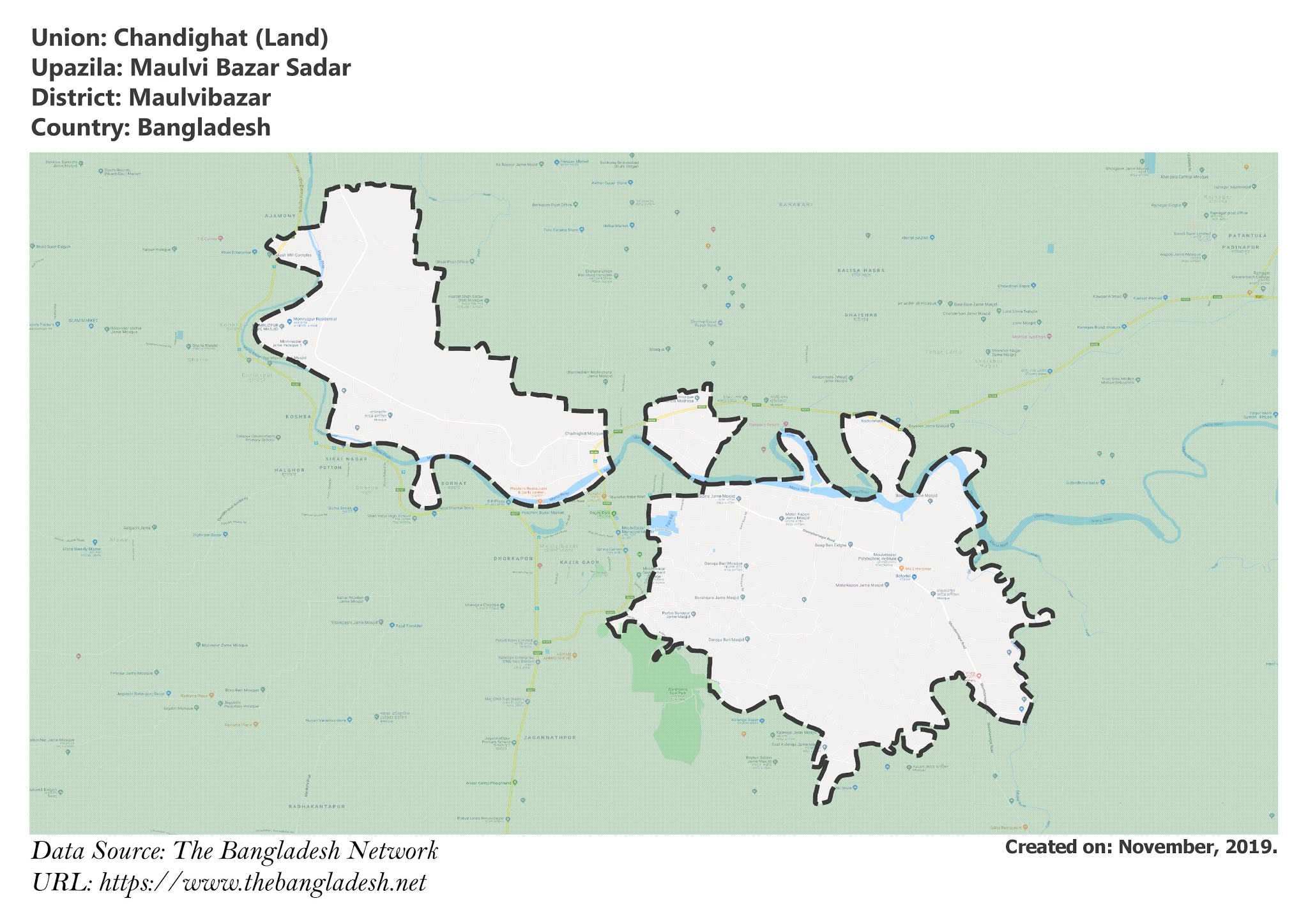 Map of Chandighat of Maulvibazar, Bangladesh.