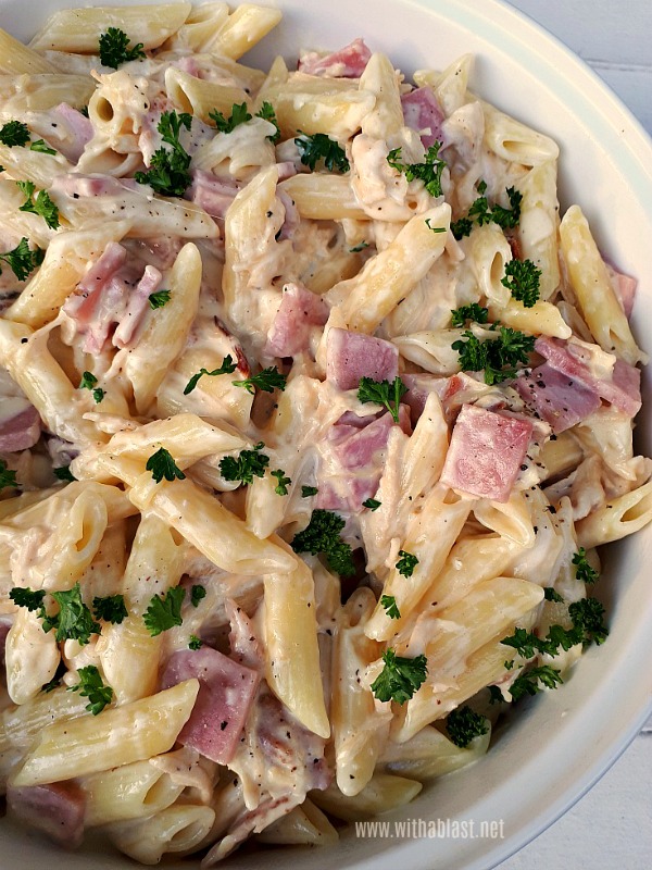 Cheesy Garlic Cream Cheese sauce, Bacon, Chicken and more - this is the ultimate comfort food ! Cheesy Garlic Cream Cheese sauce, Bacon, Chicken and more - this is the ultimate comfort food !