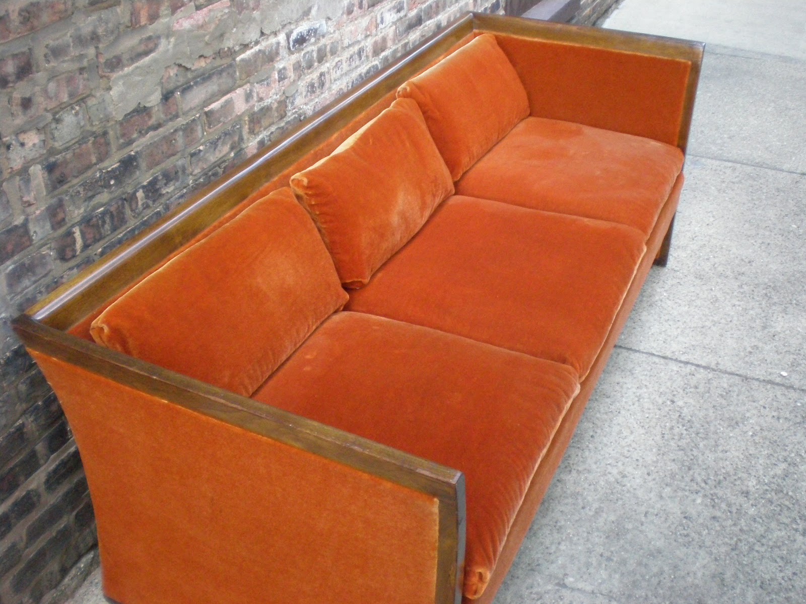 Mid Century Chicago Solid Walnut and Velour Sofa with Matching Chair