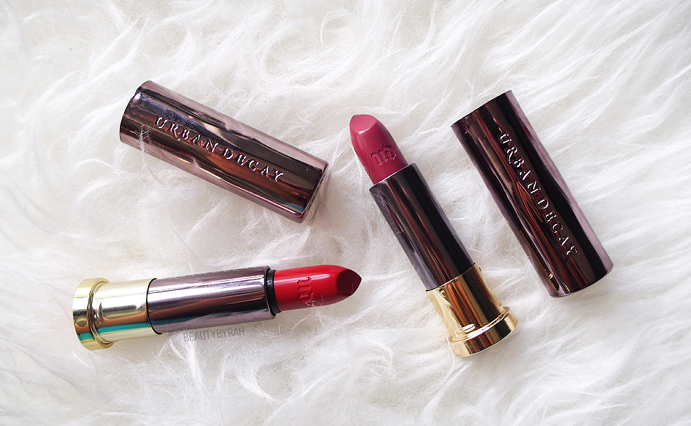 Urban Decay Vice Lipstick in Temper and Crisis Swatches