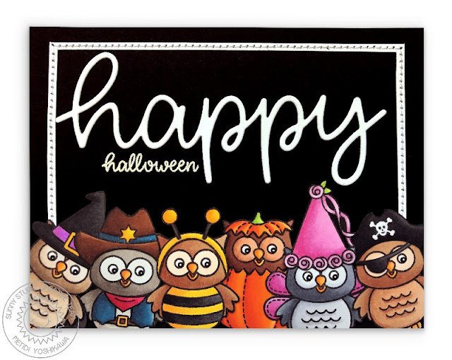 Sunny Studio Stamps: Owls in Costumes Halloween Card using Happy Thoughts stamps & Happy Word die